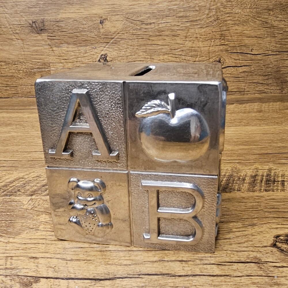 VTG Alphabet block bank box silver toned children's coin piggy bank nursey decor